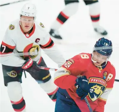  ?? WILFREDO LEE/AP ?? Florida Panthers left wing Matthew Tkachuk (19) and Ottawa Senators left wing Brady Tkachuk will be linemates Saturday in the NHL All-Star Game.