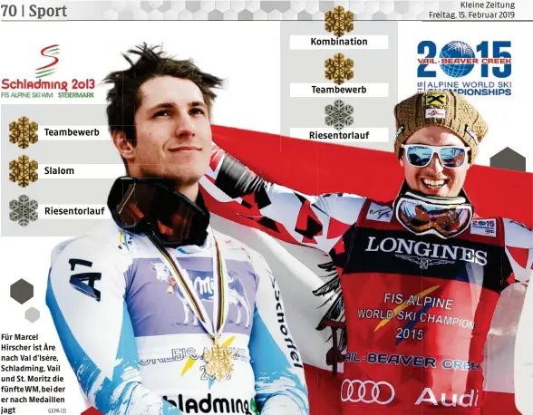  ?? GEPA (3) ?? Für Marcel Hirscher ist Åre nach Val d’Isère, Schladming, Vail und St. Moritz die fünfte WM, bei der er nach Medaillen jagt