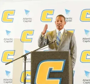  ?? STAFF PHOTO BY TIM BARBER ?? New UTC men’s basketball coach Lamont Paris speaks to the media at the school on Tuesday.