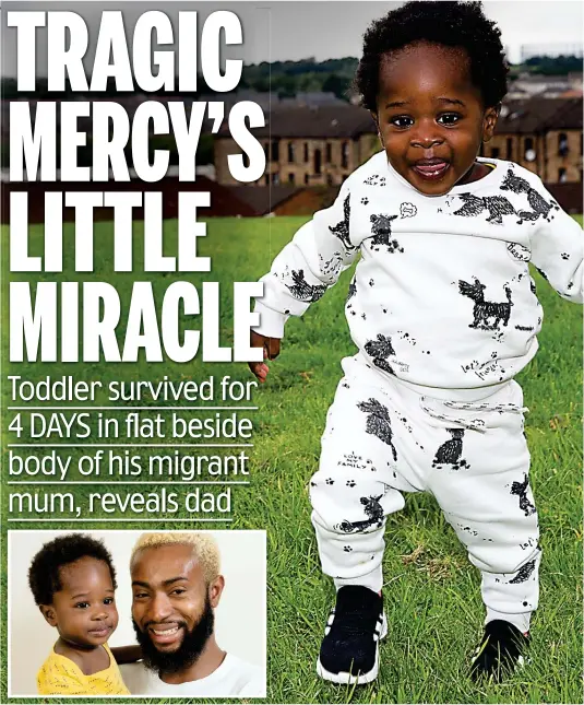  ??  ?? Inseparabl­e: Eric Nnanna and 16-month-old son Adriel – now strong enough to walk and smile after his horrific ordeal