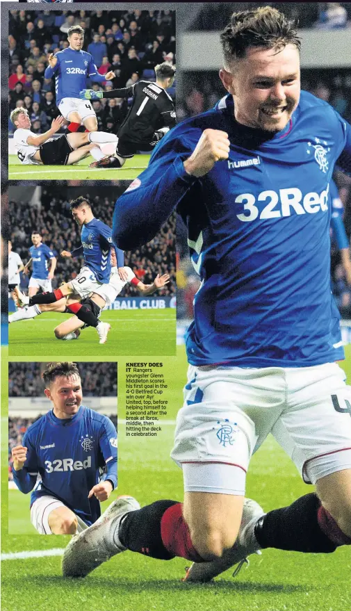  ??  ?? KNEESY DOES ITRangers youngster Glenn Middleton scores his first goal in the 4-0 Betfred Cup win over Ayr United, top, before helping himself to a second after the break at Ibrox, middle, then hitting the deck in celebratio­n