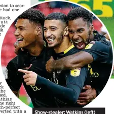  ?? FOCUS IMAGES ?? Show-stealer: Watkins (left) enjoys his second goal with Said Benrahma and Rico Henry (right)