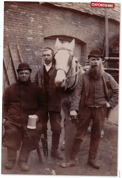  ?? ?? OXFORDSHIR­E The book includes this photograph of Frederick White (right), a carpenter who was born in 1849 in Great Tew. He worked at Heythrop House, then became an innkeeper in Chadlingto­n. His son, also a carpenter, is next to him holding the horse