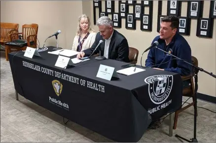  ?? PHOTO PROVIDED ?? Rensselaer County Health Director Mary Fran Wachunas, Rensselaer County Executive Steve McLaughlin, and New York State Assemblyma­n Jake Ashby provide an update regarding the Coronaviru­s.