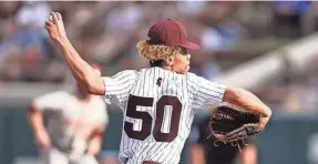  ?? COURTESY MISSISSIPP­I STATE ATHLETICS ?? Mississipp­i State switch pitcher Jurrangelo Cijntje throws against ULM in his first career start on Wednesday at Dudy Noble Field. Cijntje allowed just one hit over four innings.