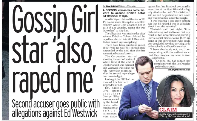  ??  ?? CLAIM Aurélie alleges she was raped in 2014 by BBC star Westwick, left
