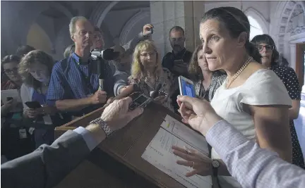  ?? SEAN KILPATRICK/THE CANADIAN PRESS ?? Foreign Minister Chrystia Freeland updates the media on the NAFTA talks on Parliament Hill on Monday. She said negotiator­s haven’t yet received proposals from the U.S. on some contentiou­s issues, including rules of origin for automakers.
