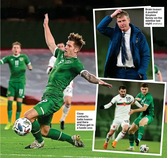  ?? INPHO SPORTSFILE ?? Close contacts: Galin Ivanov and Dara O’Shea get in a tussle
Brain teaser: A puzzled Stephen Kenny on the sideline last night