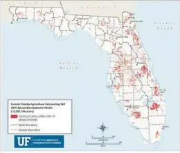  ?? UNIVERSITY OF FLORIDA ?? This map shows agricultur­al land, in red, that a University of Florida reports projects to be lost to developmen­t under a “sprawl” model with few conservati­on or easement measures.