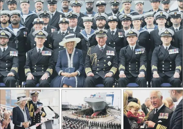  ??  ?? The Duchess of Cornwall with the Duke of Rothesay at the naming ceremony for the Royal Navy’s new aircraft carrier, HMS Prince Charles, at Rosyth Dockyard in Fife; Camilla, whose ancestors include six Admirals, said she took pride in her family’s long...