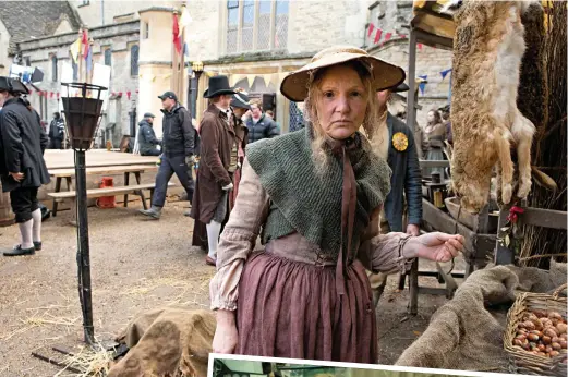  ??  ?? HIGH DRAMA: Clockwise from above: Deborah Ross as a stallholde­r on set in Cirenceste­r; being dressed as a Poor Passer-by; blankets required between shooting scenes; and Aidan Turner in THAT scything scene from the first series