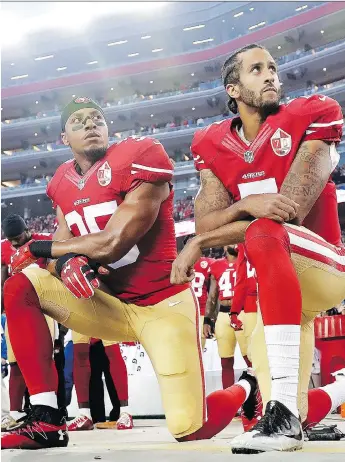  ?? MARCIO JOSE SANCHEZ/THE ASSOCIATED PRESS FILES ?? In the wake of his kneeling protest during the national anthem last season, former 49ers QB Colin Kaepernick, right, has been unable to land a job anywhere in the NFL.