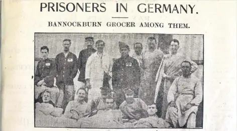  ??  ?? A rare group photograph, printed in the Observer of 100 years ago, shows a group of wounded soldiers in a hospital in Germany.Among the gathering of British, Belgian and French prisoners-of-war was Pte JG Brown, 122 South Plean Cottage, Plean.Pte Brown was pictured standing on the extreme right of the group. Those lying in front of him were, said the paper, so crippled they were unable to stand.The Plean soldier had two months earlier sent a postcard to his parents explaining he was