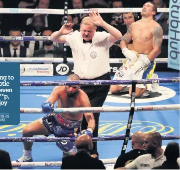  ??  ?? OUT FOR THE COUNT Bellew is beaten by Usyk in his final boxing bout TONY BELLEW ON HIS RETIREMENT PLANS
