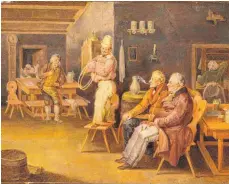  ?? FOTO: KONRAD HOFFMANN ?? Wirtshauss­zenen wie diese sind ein beliebtes Sujet Johann Baptist Pflugs: Doch für Realismus sollte man auch „Ein Gaukler im Gasthaus zu Lampertsha­usen“(um 1829) nicht halten.