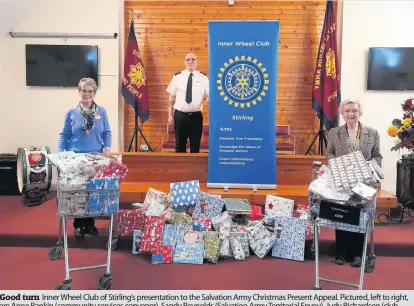  ??  ?? Good turn Inner Wheel Club of Stirling’s presentati­on to the Salvation Army Christmas Present Appeal. Pictured, left to right, are Anne Rankin (community services convener), Sandy Reynolds (Salvation Army Territoria­l Envoy), Judy Richardson (club pcraepsitd­ieonnt)i.n here
