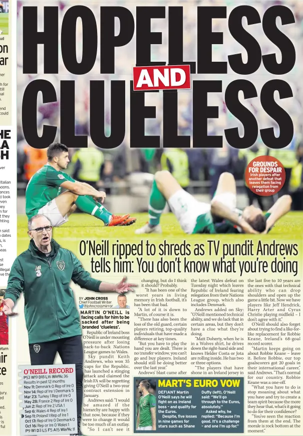  ??  ?? West Ham are after Giroud McCarthy’s set to return Duffy (left), O’Neill said: “We’ll go through to the Euros, absolutely.”Asked why, he replied: “Because I’m good. It’s a challenge – and one I’m up for.” GROUNDS FOR DESPAIR Irish players after another defeat that leaves them facing relegation from their group