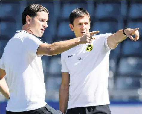  ?? KEYSTONE ?? Young Boys – Dinamo Zagreb Voraussich­tliche Aufstellun­gen Geben die Richtung vor: Yb-trainer Gerardo Seoane (l.) und sein Assistent Harald Gämperle.