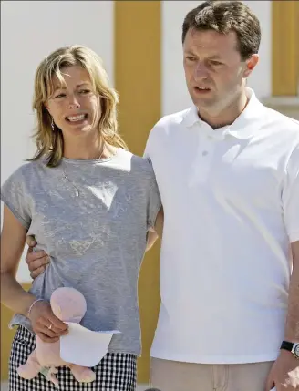 ??  ?? Utter despair: Gerry and Kate McCann talk to the Press days after Maddie disappeare­d — Kate clutching her daughter’s favourite toy, Cuddle Cat. Left and right: Reporting to a police station in Portimao in September 2007