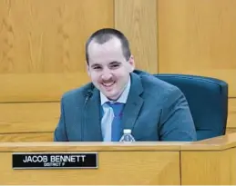  ?? MATT BUTTON/BALTIMORE SUN MEDIA ?? Council member Jacob Bennett, a Democrat representi­ng District F, speaks to the audience and members of the council during the Harford County Council’s first official meeting in the Harford County Council chambers Tuesday.