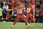  ?? ED ZURGA — THE ASSOCIATED PRESS ?? Chiefs quarterbac­k Patrick Mahomes (15) throws against the Bengals in Kansas City, Mo., Sunday.