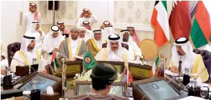  ?? AFP ?? UAE’s Energy Minister Suhail bin Mohammed Faraj Al Mazroui, Saudi Oil Minister Khalid Al Falih and other Gulf ministers at a meeting in Riyadh on Sunday. —