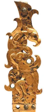  ?? PROVIDED TO CHINA DAILY ?? Above and right: Gilt bronze finials in the shape of mythical beasts