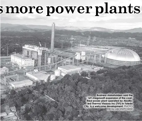  ?? PHOTO FROM ABOITIZPOW­ER ?? Business stakeholde­rs said the 169-megawatt expansion of the coalfired power plant operated by Aboitizled Therma Visayas Inc (TVI) in Toledo City, is a welcome developmen­t.