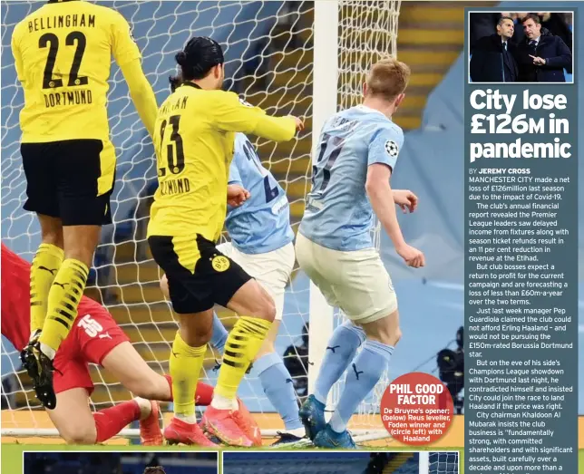  ??  ?? De Bruyne’s opener; (below) Reus leveller, Foden winner and (circle left) with Haaland