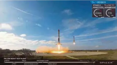  ??  ?? Two of Falcon Heavy’s boosters returning to Earth at Cape Canaveral eight minutes after launch.