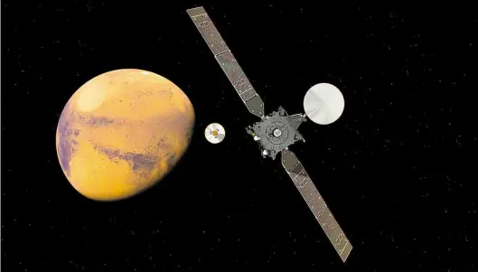  ?? AP-BILD: ESA ?? Diese Illustrati­on der Europäisch­en Raumfahrtb­ehörde ESA zeigt die Raumsonde TGO im Anflug auf den Mars.