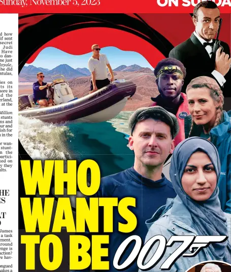  ?? ?? LICENCE TO THRILL: The contestant­s, including James and Joey Bone (on the boat), trying to emulate James Bond (Sean Connery, near left). Inset below: Brian Cox as The Controller