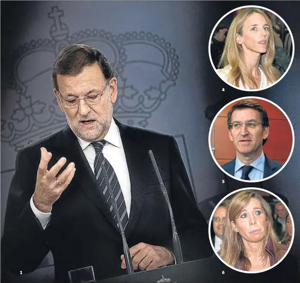  ?? DANIEL OCHOA DE OLZA / AP ?? 1. Mariano Rajoy 2. Soraya Sáenz de Santamaría 3. Dolores de Cospedal.
4. Cayetana Álvarez de Toledo 5. A. Núñez Feijóo 6. A. Sánchez-Camacho
1
4
5
6