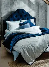  ??  ?? TOP LEFT Shannon Fricke ‘Whispering Sea’ queen-size cotton quilt cover set, $279,
Domayne Luxuries ‘Pin Velvet’ comforter in Ink Blue, $479, and matching European
pillowcase, $79, all Domayne. TOP MIDDLE Salma Tassel queen-size cotton quilt
cover set, $199.95, and Tamarama cotton cushion in White, $39.95, all Pillow Talk.
TOP RIGHT Cross Pleat cotton European pillowcase in White, $39, and Malia queen-size cotton sheet set in Mood Indigo, $109, all Freedom. FAR LEFT Maison Vintage cotton European pillowcase, $49.95, Aura Home. LEFT Hepburn cotton blanket in Rain (150x200cm), $125, L&M Home. For Where to Buy, see page 176.