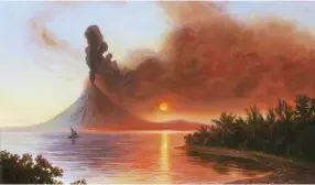 ??  ?? Mount Tambora erupting in 1815, an illustrati­on that appeared on the cover of the 2015 book Year Without Summer: 1816.