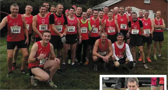  ??  ?? Drogheda and District runners at the Louth Masters Cross-Country Championsh­ips. Insets: Paddy Murphy moments before he lost both his shoes; and Jingle Bells 5K winner Mary Leech.