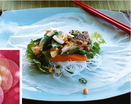  ??  ?? Summer rolls (opposite) and fish wraps (right) are dishes to keep fingers busy while the conversati­on flows