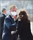  ?? Getty Images ?? Gov. Ned Lamont greets Vice President Kamala Harris in New Haven on March 26. Connecticu­t trails many states nationally for improper payments through its antiquated unemployme­nt insurance system which is due for a big upgrade next year, with the state for now eyeballing cases to spot any red flags suggesting fraud.