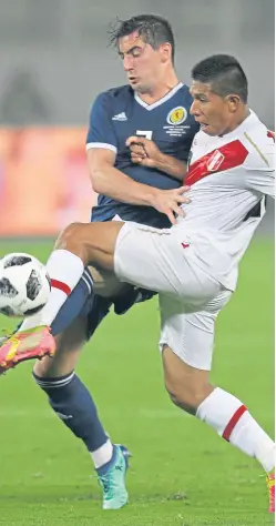  ?? Pictures: AP. ?? Left: Scott McTominay shields the ball from Moshimar Yotun; above: Edison Flores challenges Kenny McLean.