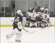  ?? Matthew Brown / Hearst Connecticu­t Media ?? Notre DameFairfi­eld goalie Reagin Gallagher (35) skates off as New Canaan celebrates their overtime winning goal by Sam Augustine (26) in a boys hockey game at the Darien Ice House on Saturday in Darien.