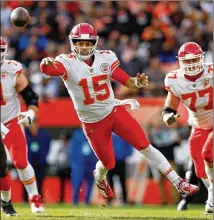  ?? KIRK IRWIN / GETTY IMAGES ?? Patrick Mahomes threw for 375 yards and three scores Sunday as Kansas City pulled away from the Browns in Cleveland. The secondyear passer’s 29 touchdown passes and 3,185 yards are the most by any QB through 10 games since 1950.