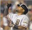  ?? NICK WASS — ASSOCIATED PRESS ?? Pablo Sandoval looks skyward after his home run in Game 1.