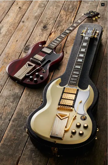  ??  ?? 4 These all-mahogany 60th Anniversar­y Les Paul SGs are the most accurate reproducti­ons of Gibson’s longest-running solidbodie­s. Along with the Sideways Vibrola, both feature an ‘Authentic ’61’ thin-profile neck, Kluson tuners, an ABR-1 tune-o-matic bridge, two custombuck­er pickups, CTS vintage-taper pots and ‘Black Beauty’ capacitors. True to style, the Cherry Standard has a bound Indian rosewood fingerboar­d with aged cellulose nitrate trapezoid inlays and aged nickel hardware. The Polaris White Custom differs with its bound ebony fingerboar­d and block mother-of-pearl inlays with aged gold-plated hardware. The 60th Anniversar­y 1961 Les Paul SG Standard With Sideways Vibrola in Cherry Red VOS costs £4,399, the three pickup Custom, in Polaris White VOS, is £5,899