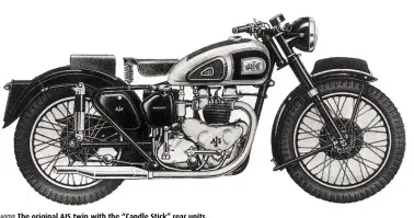  ??  ?? ABOVE The original AJS twin with the “Candle Stick” rear units. BOTTOM LEFT A page from the 1953 catalogue showing the Model 20, now with “Jampot” rear shocks.