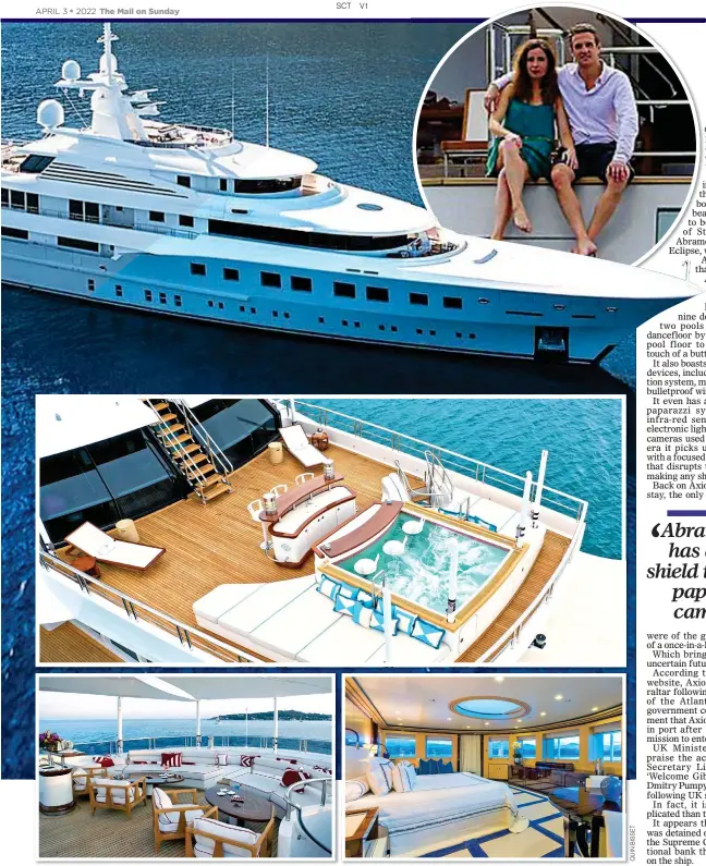  ?? ?? SHIPSHAPE: A lounge, above, bedroom suite, right, and one of Axioma’s two pools, top. Main picture: The yacht at sea and, inset, Tom and wife aboard
