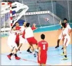  ?? AFP ?? A UAE player takes a shot at goal in their handball match with Oman during the MENA Special Games on Monday.