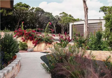  ?? Josie Norris/staff photograph­er ?? A path running along the front of the house is bordered by beds of plants that bloom brightly without heavy irrigation.