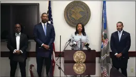  ?? (AP/Gerald Herbert) ?? Assistant Attorney General Kristen Clarke speaks at a news conference Thursday in Baton Rouge. Left to right are U.S. Attorneys Duane A. Evans, Ronald C. Gathe Jr. and Brandon B. Brown.