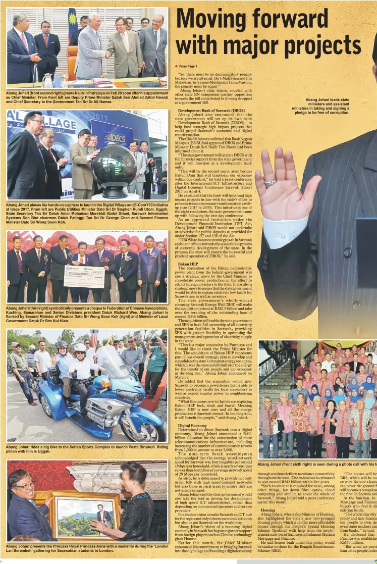  ??  ?? Abang Johari (front second right) greets Najib in Putrajaya on Feb 20 soon after his appointmen­t as Chief Minister. From front left are Deputy Prime Minister Datuk Seri Ahmad Zahid Hamidi and Chief Secretary to the Government Tan Sri Dr Ali Hamza....