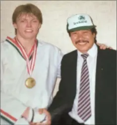  ??  ?? Master Yau with Bobby O’Neill after Bobby won his second world kickboxing title in 1989 in Graz, Austria.